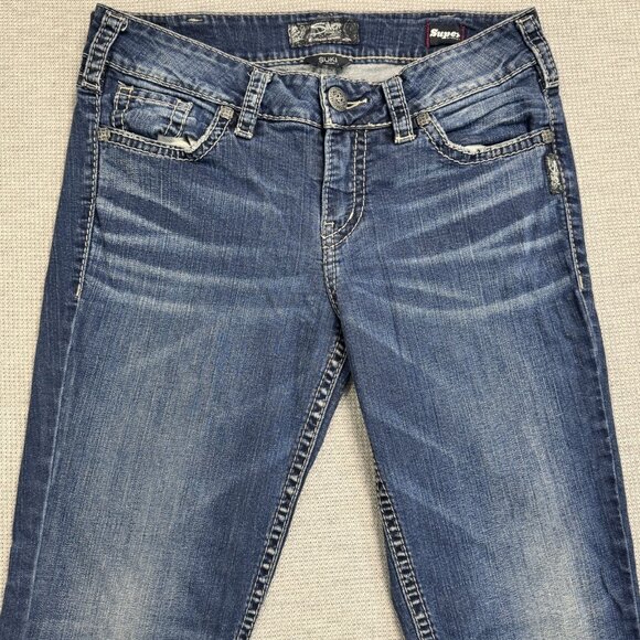 Silver Womens Size W31/L33 Blue Suki Mid Rise Slim Boot Jeans Super Stretch - Picture 3 of 14